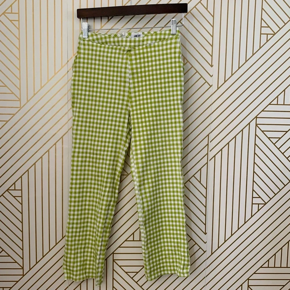 Lane 201 Cotton Lime Green & White Gingham Checkered Vintage Inspired Pants M